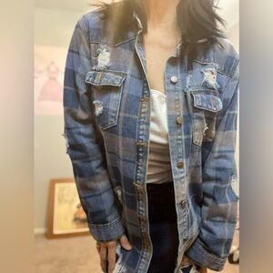 Rue21 Blue Plaid Distressed Denim Jacket